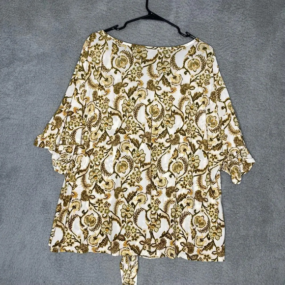 Cocomo womens bell sleeve geometric floral blouse tie front green stretch 3X - Picture 2 of 8